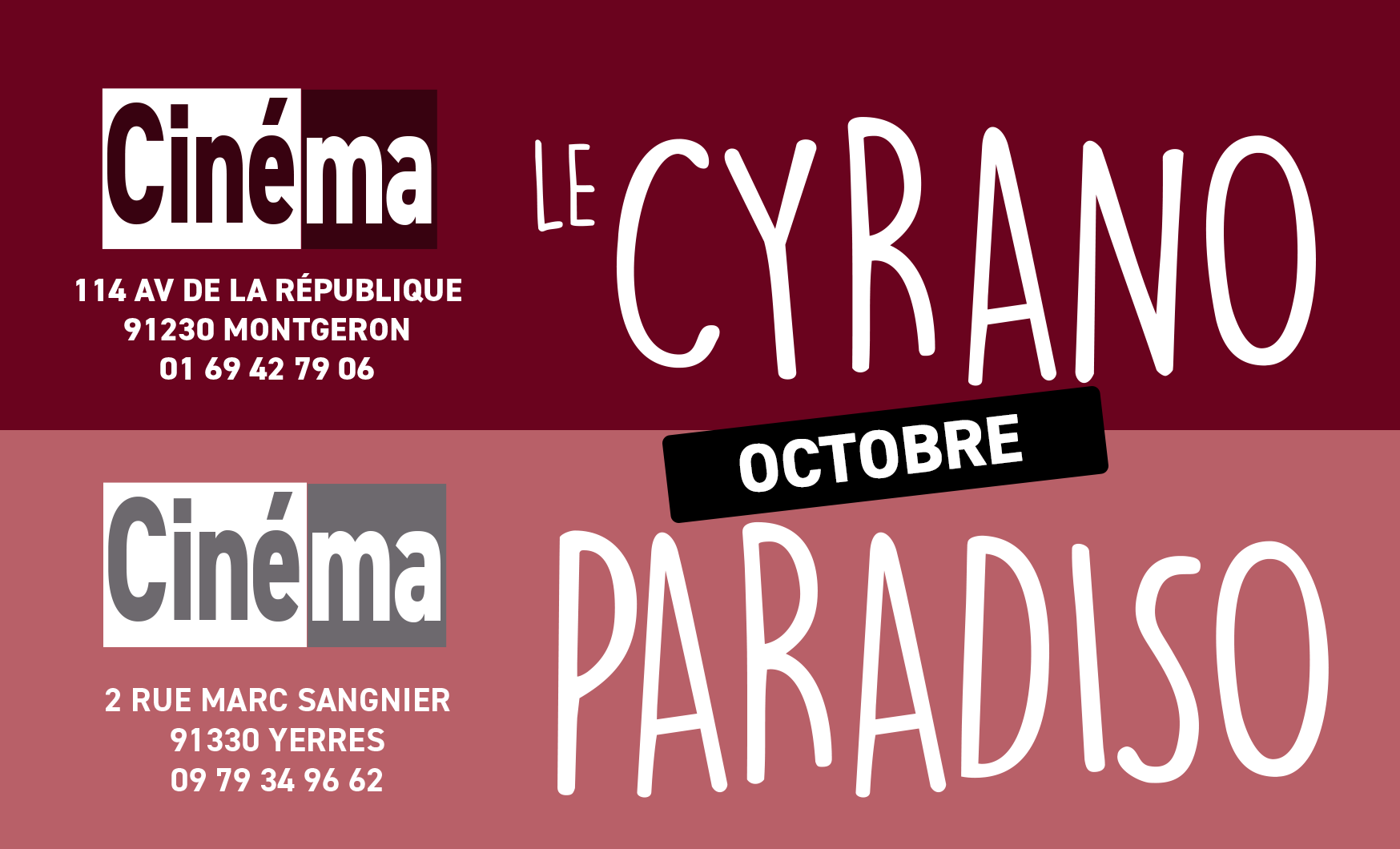Programmation du Cyrano et du Paradiso octobre 2023